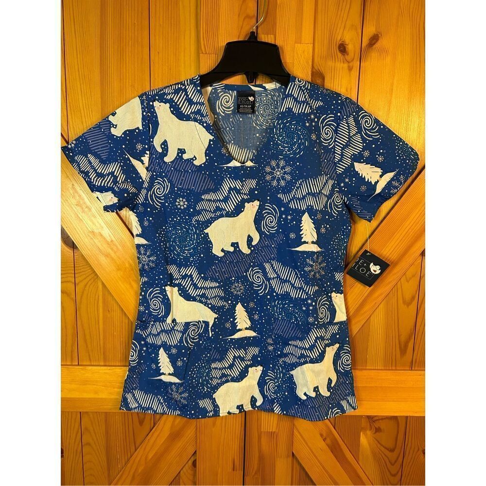 Zoe and Chloe Ladies V-Neck Top POLAR BLIZZARD Scrub Top Size XS nwt (0355)